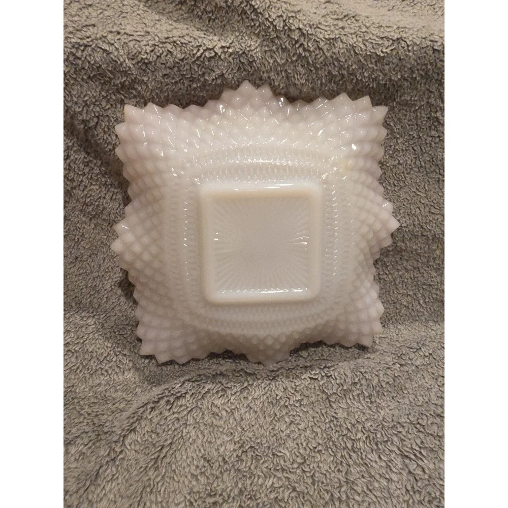 Vtg White Milk Glass Ruffled Bowl with Pink Edge Square Dresser Tray Dish